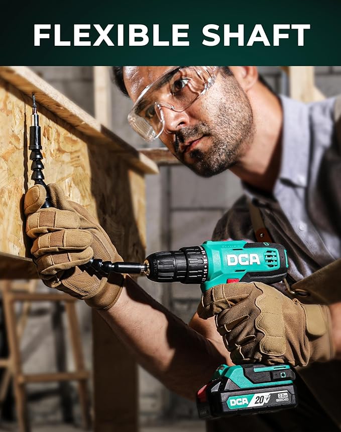 DCA Cordless Drill Set, 354 in-lbs Torque, 3/8" Keyless Chuck, Electric Power Drill with 2.0Ah Battery and Charger,18+1 Position,25-Piece 20V Drill Driver Kit, ADJZ2035