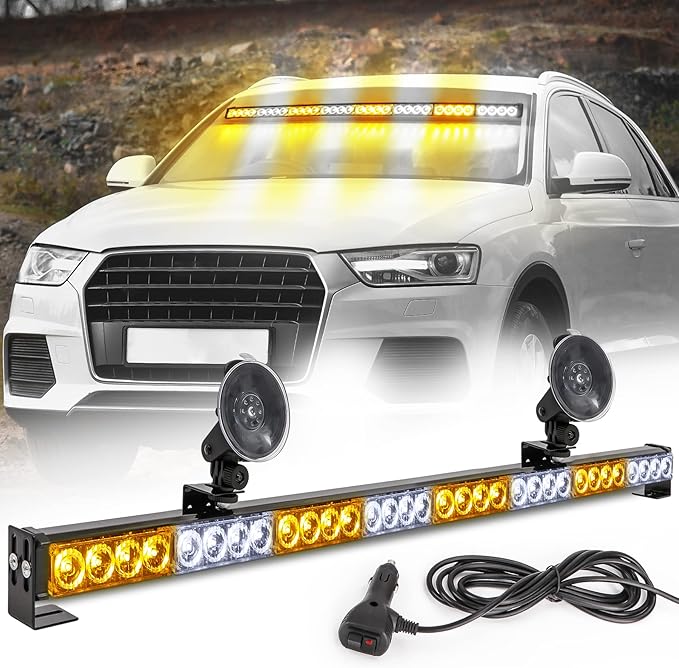 LE-JX Traffic Advisor Light Bar 35.5 Inch 13 Flash Patterns 32 Led Warning Emergency Strobe Light Bar Directional Flashing Led Safety Lights with Cigar Lighter (35.5 Inch, Yellow/White)