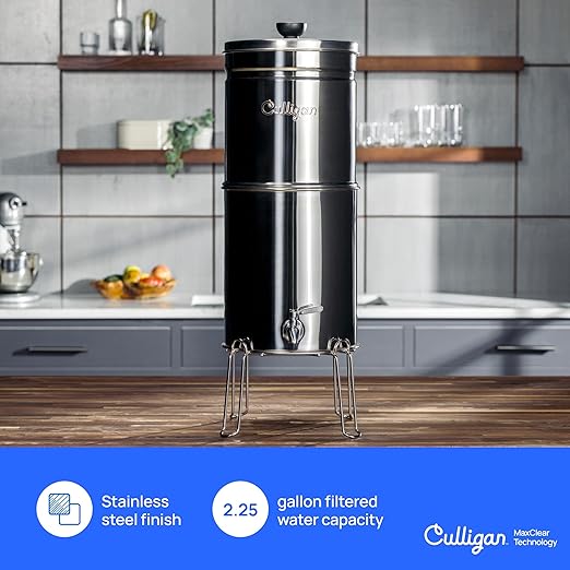 Culligan MaxClear 2.25 Gallon Gravity Water Filter System, Brushed Stainless-Steel Countertop Water Filter NSF/ANSI Certified to Reduce Microplastics, Lead & Total PFAS, with 2 Ceramic Filters