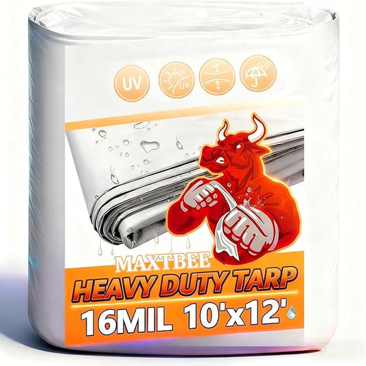 16 Mil Ultra Thick Tarps Heavy Duty Waterproof 10x12 Ft, White Tarp with Reinforced Capped Corners & Rust-Proof Grommets for Long-Term Outdoor Use: Trucks, RVs, Construction, Firewood & Roof Covering