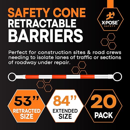 Retractable Barrier for Safety Traffic Cones - 2" OD - Large Yellow and Black Bar Barricade - for Road Construction, Parking, Warning, Temporary Security Divider (20, Orange & White, 53" x 84")