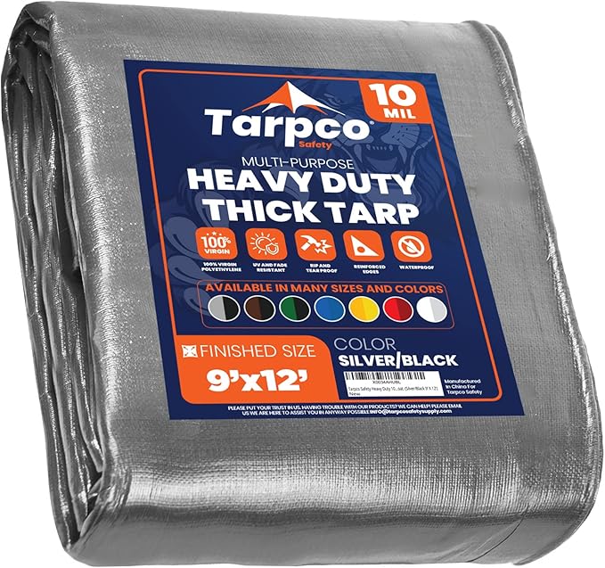 Tarpco Safety Heavy Duty 10 Mil Tarp Cover, Waterproof, UV Resistant, Rip and Tear Proof, Poly Tarpaulin with Reinforced Edges for Camping, Roof, Patio, Pool, Boat. (Silver/Black 9′ X 12′)