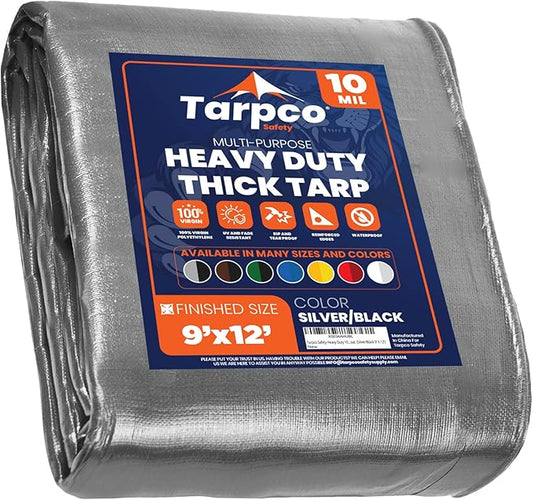 Tarpco Safety Heavy Duty 10 Mil Tarp Cover, Waterproof, UV Resistant, Rip and Tear Proof, Poly Tarpaulin with Reinforced Edges for Camping, Roof, Patio, Pool, Boat. (Silver/Black 9′ X 12′)