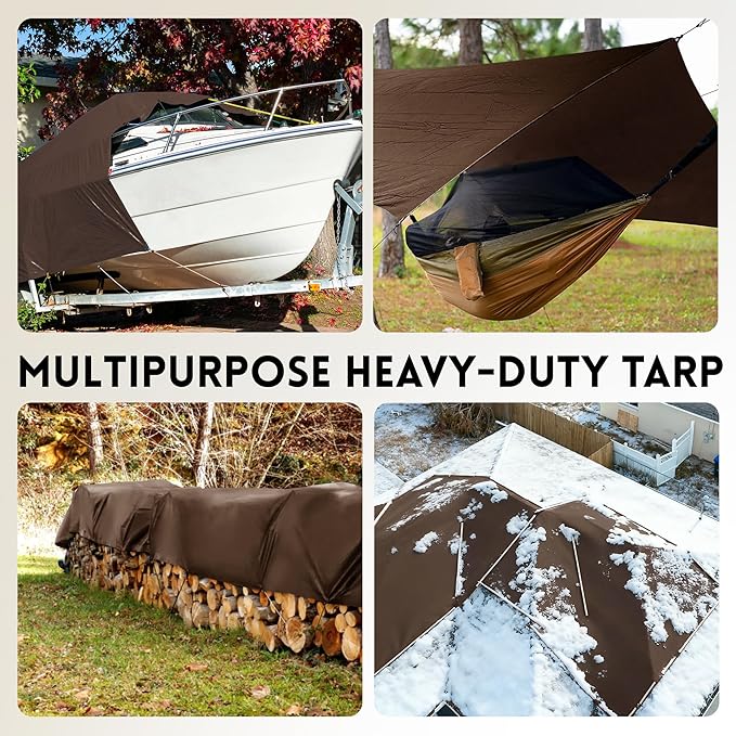 Tarp 10x20FT, 18 Mil Heavy Duty Large Tarps, 100% Waterproof Tarp, UV Resistant, Brass Grommets and Reinforced Edges.Brown Tarp Suitable for Courtyards, Cars, Camping, Gardens, Pet Nests -by Mvpnet