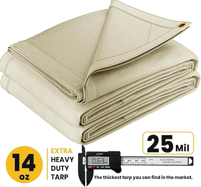 PROTARP Heavy Duty 14 OZ Water Resistant Canvas Tarp, UV Resistant Tarpaulin Cover with Rustproof Brass Grommets, Multipurpose for Canopy, Roof, Camping, Woodpile (Off White 14'X20')