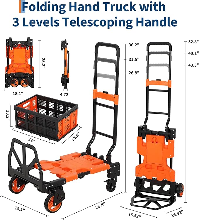 Folding Hand Truck, 330 LB Heavy Duty Dolly Cart with Foldable Basket, Foldable Hand Truck with Bungee Rope, Rubber Wheels and Retractable Handle for Luggage, Travel, Moving, Office