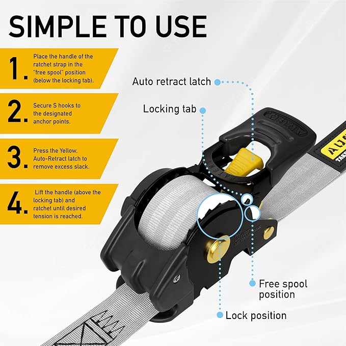 AUGO Retractable Ratchet Straps | 2 Heavy Duty Ratchet Straps Self Retractable Tie Downs with Soft Loops & Storage Bag for Motorcycle, Truck, Trailer, Cargo Van | 1200 Lb Break Strength 1” x 10’