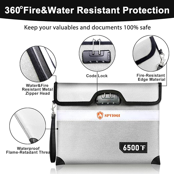 6500°F Fireproof Document Bag with Lock, Upgraded Fireproof Money Bag for Cash w. Zipper/Reflective Strip, 10Layers of Heat Insulated Materials, Water Resistant Fireproof Bag for Documents