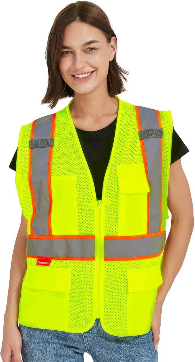 ProtectX Safety Vest for Men Women ANSI Class 2 High Visibility Mesh Reflective Construction Vest with 4 Pockets