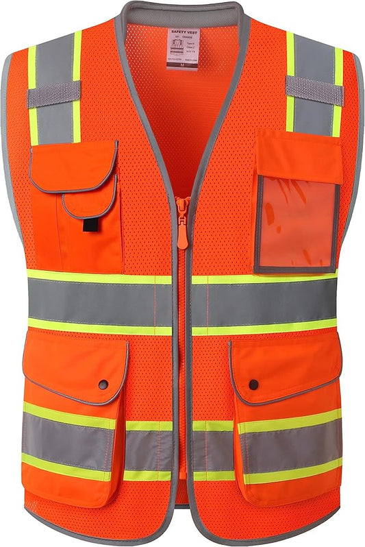 JKSafety 9 Pockets Hi-Vis Safety Vest Breathable Mesh Fabric Cushioned Collar Work Utility PPE Lightweight Industrial Work Gear ANSI/ISEA compliant (101-Orange XL)