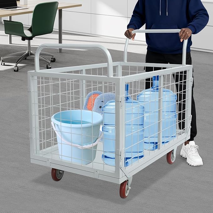 Platform Truck Cart with Cage, 4 in 1 Mutipurpose Handcart with Wheels, 1800lbs Capacity Heavy Duty Push Cart Dolly Foldable Flatbed Cart for Workshops Warehouses Supermarkets