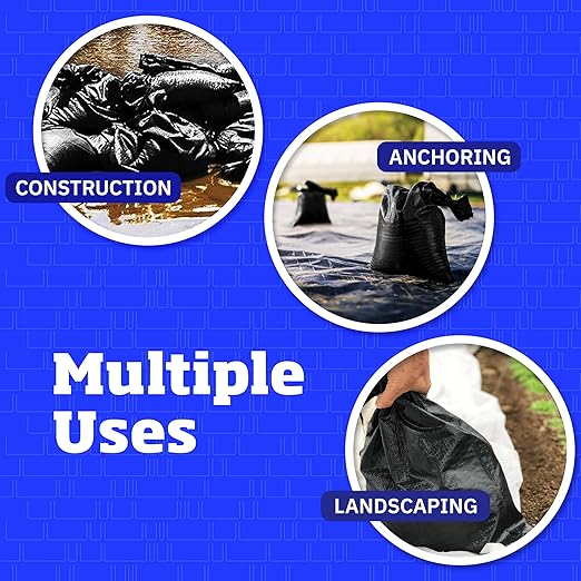 DURASACK Heavy Duty Sand Bags with Tie Strings Empty Woven Polypropylene Sand-Bags for Flood Control with 1600 Hours of UV Protection, 50 lbs Capacity, 14x26 inches, Black, Pack of 100