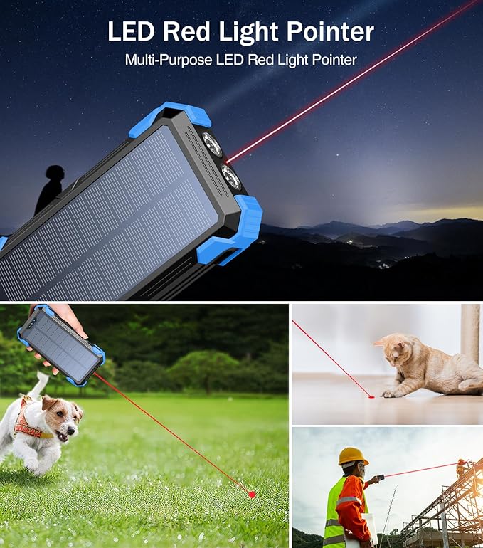GOODaaa Portable Charger 42800mAh Built in 4 Cables and Thermometer 15W Fast Charging Power Bank Five Outputs Three Inputs Solar Charger Power Bank, SOS/Strobe/Strong Flashlights, Carabiner