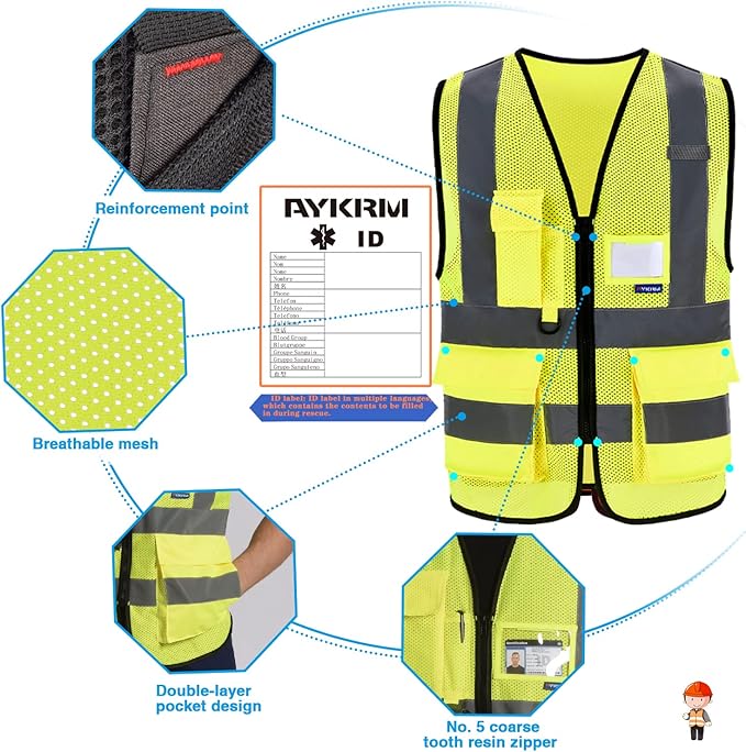 A-SAFETY High Visibility Mesh Safety Reflective Vest with Pockets and Zipper,Hi Vis Viz Reflective Safety Vest(Yellow Mesh XXXL)