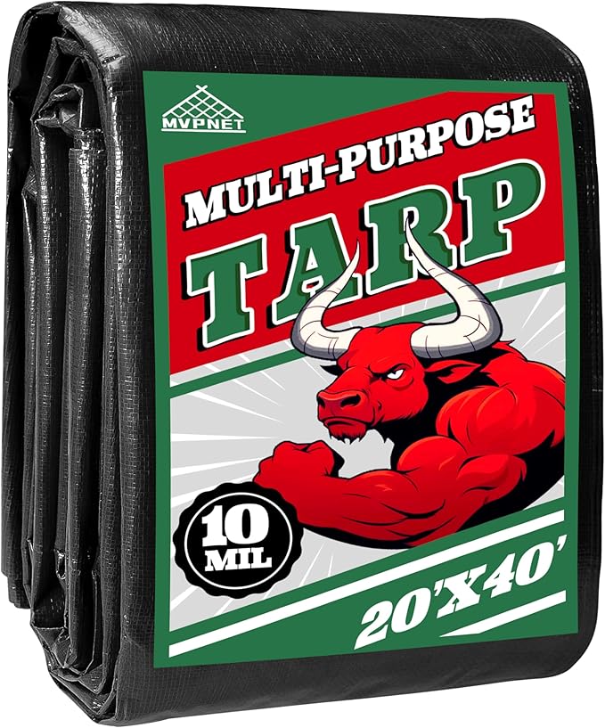 Tarp 20x40 ft Heavy Duty 100% Waterproof 10mil,UV Resistant,Durable Grommets and Reinforced Edges Green/Black Tarp for Camping, Swimming Pools,Car Coverage -by MVPNET