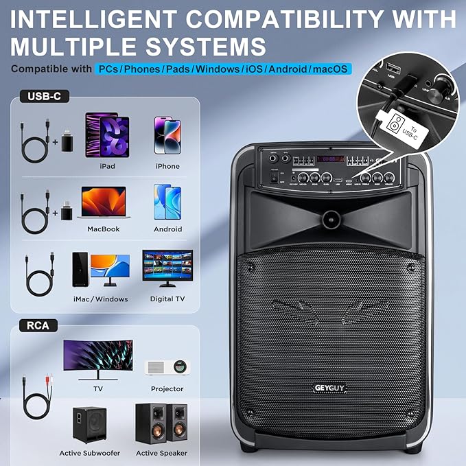 GTSK12-2 Portable Bluetooth PA Speaker System with TWS, Wireless Karaoke Machine for Adults with 12” Subwoofer, Dual UHF Mics, Rechargeable Outdoor Speaker w/USB-C, SD, FM, AUX – for Parties & Events