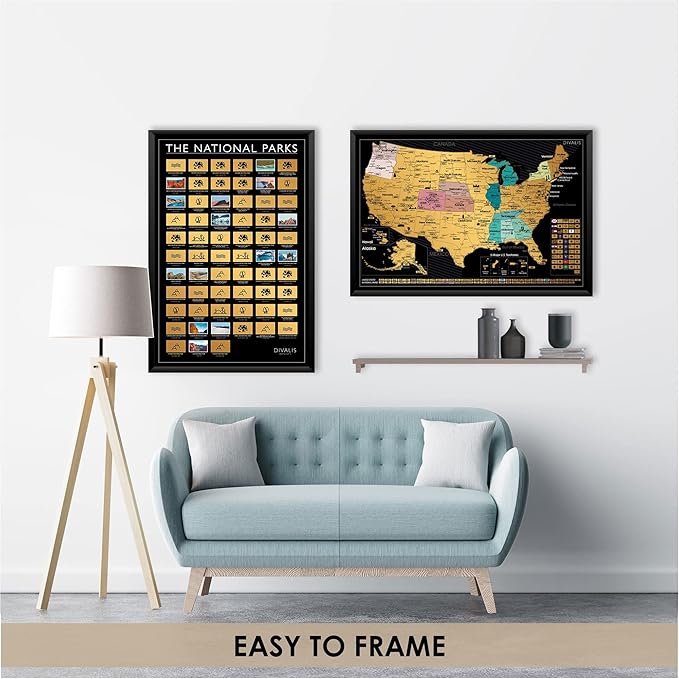 2 in 1 Gift Set - Scratch off US Map and 63 National Parks Poster - 24x16 Easy to Frame Scratchable United States of America Posters - Globetrotters Wall Map - Black and Gold Travel Tracker