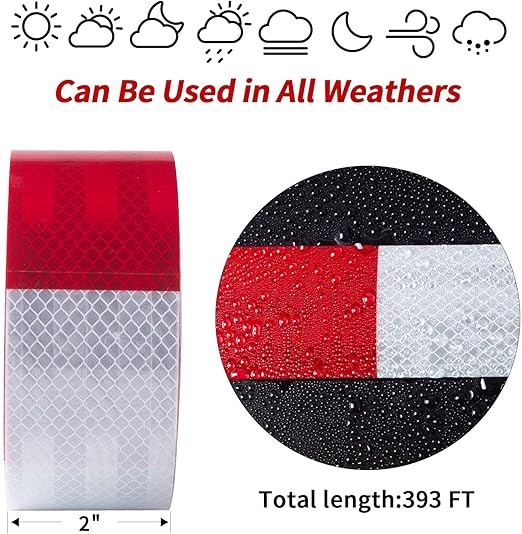 Reflective Tape, Waterproof Self Adhesive Dot Reflective Tape Outdoor Safety Caution Reflector for Trailers, Bikes, Cars（White Red, 2 Inch x 65 Feet）
