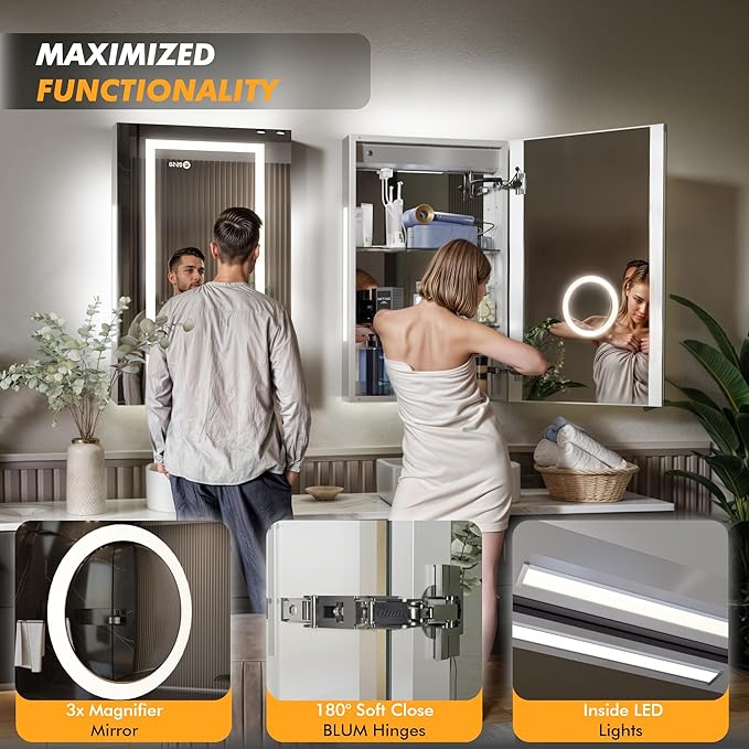 LED Lighted Medicine Cabinet Front & Backlit Dimmable Colours, Clock & Temp, USB Outlets (24 x 32)