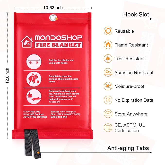 Mondoshop Fire Blanket Emergency for Home and Kitchen - 2 Pack 72"x72" Fire Blankets Fire Resistant Blanket for Camping, Grill, Car, Office, Warehouse, School, Picnic, Garages, Workshops