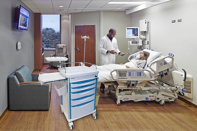Pochar Medical Crash Cart with Emergency Accessory - Cardiac Board, IV Pole, O2 Holder, Power Strip, Trash Bin, Drawers with Dividers - Mobile Emergency Cart for Hospitals and Clinics