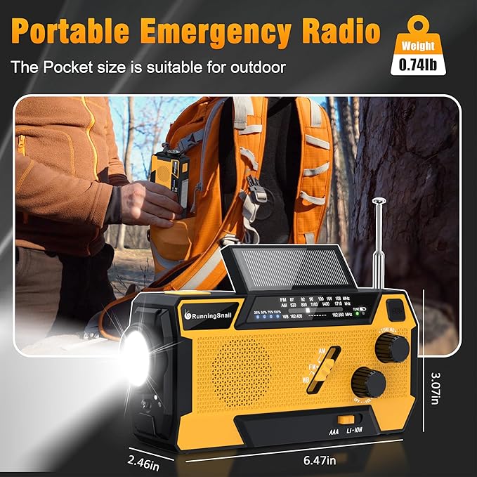 Emergency Crank Weather Radio: AM/FM/NOAA Weather Radio with 3 Built-in Cable - Hand Crank Radio with 2000mAh, Solar Charge, Hand Crank & Battery Operated, SOS Alarm, Flashlight for Outdoor Emergency