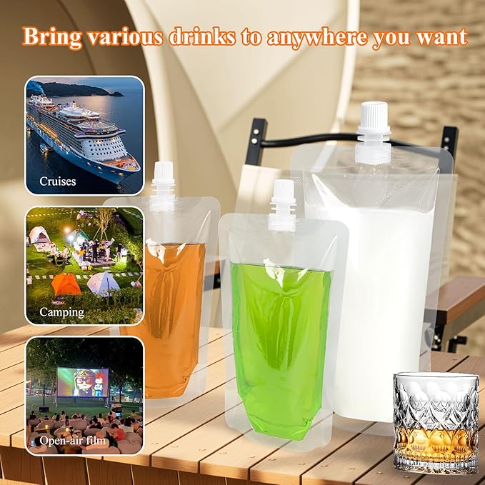 8&16OZ 8PCS Drink Pouches,Reusable Plastic Flask with Funnel for Drinking Liquid Beverage Juice,Stand Up Drink Bags for Travel Camping Outdoor Sport Concert Events,Leak-Proof Food Grade
