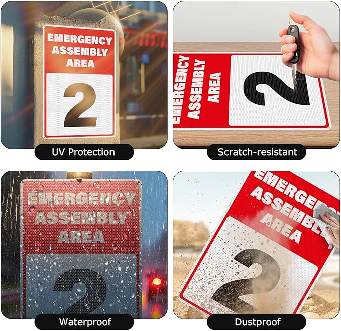 2 Pack Emergency Assembly Area 2 Sign 18 × 12 Inches Aluminum Metal Reflective Safety Signage with Pre-Drilled Holes for Business Construction Site Warehouse