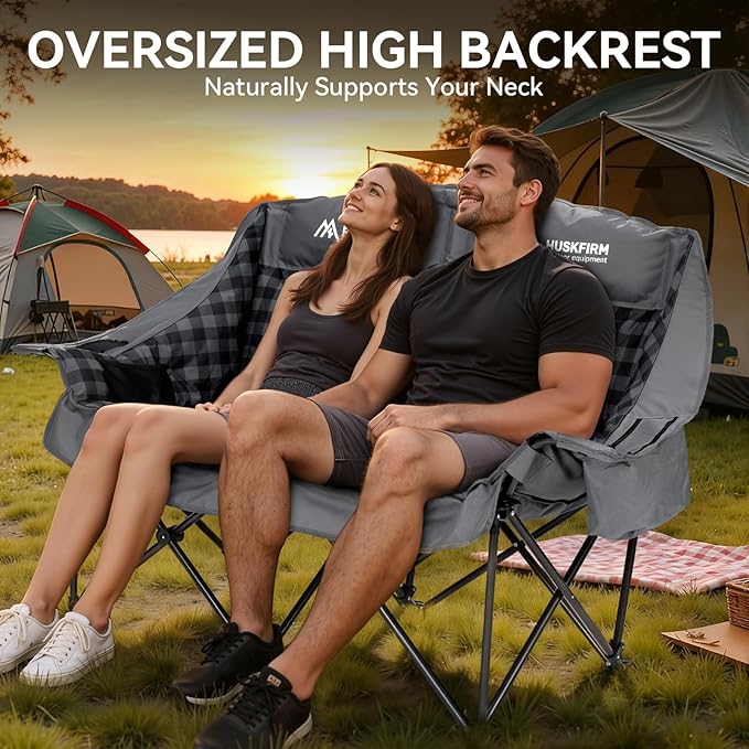 Padded Double Camping Chairs High Back Double Camp Chair Oversized Loveseat Camping Chair Support 800LBS Heavy Duty Camping Couch with Cup Holders, Cooler, Carry Bag, Grey