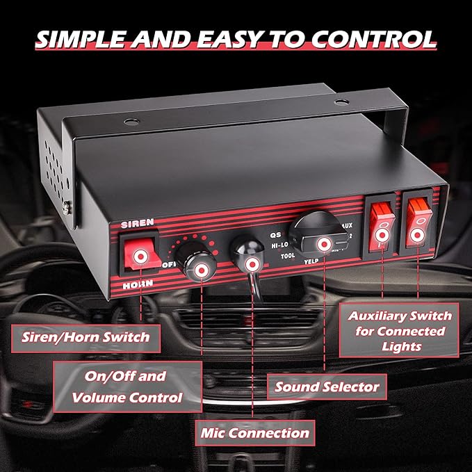 Police Siren 8 Tones PA System 130DB 200 Watt, Heavy Duty Handheld Microphone, Dual 20A Auxiliary Switch, Emergency Siren for Car Truck Vehicles