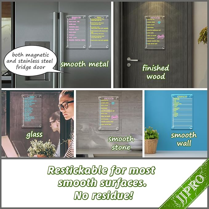 JJPRO Non-Magnetic Dry Erase List Board for Fridge, 11.5"x7" Clear Reusable to Do List White Board, Dry Erase List Board for Refrigerator,Cabinet,Wall&Glass, All Smooth Surfaces