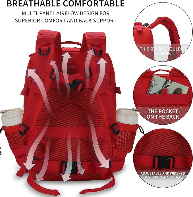Sparklekle Military Tactical Backpack 45L 3 Day Assault Pack Waterproof Molle Hiking Rucksack for Men&Women (Red)