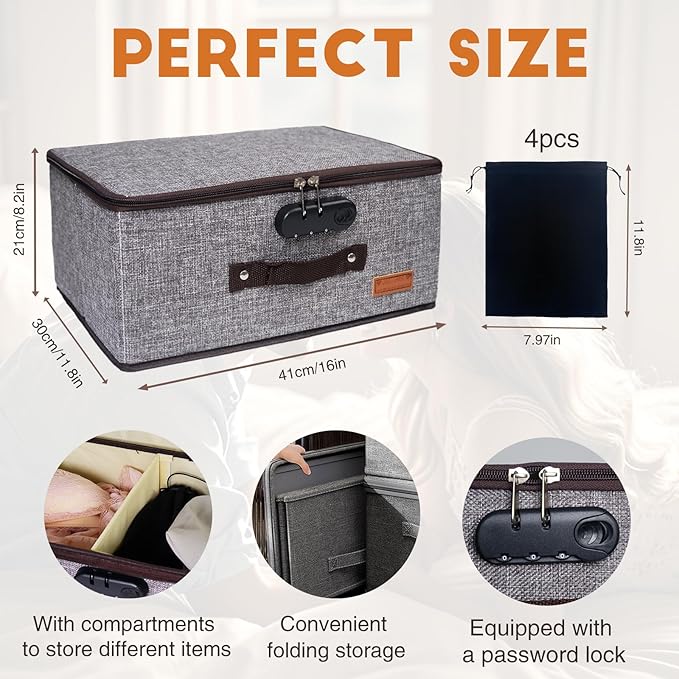Locking Adult Game Toy Storage Organizer Lock Box Toy Storage Bins Game Toys Storage Bags with 4 Drawstring Bags, Large capacity 16 x 11.8 x 8.2 Inches (Gray with lock slot)