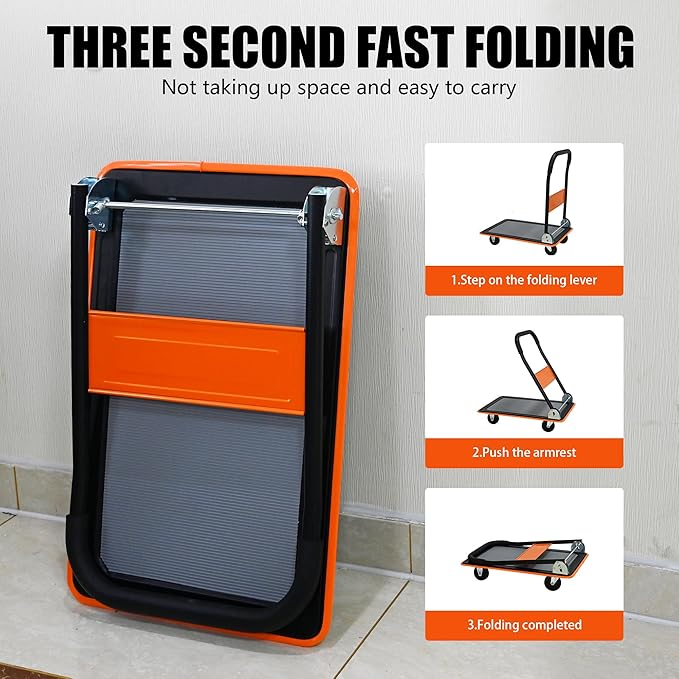 Orange Folding Platform Hand Truck 330 lbs Capacity, Heavy Duty Steel Flatbed Dolly with 360° Silent Wheels, Foldable Push Cart for Warehouse, Home, and Office Use