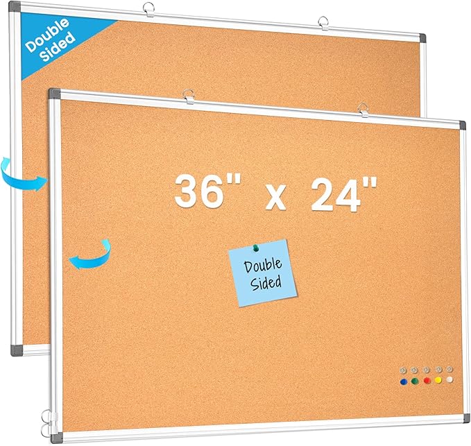 Double-Sided Cork Bulletin Board for Wall, WALGLASS 36" x 24" Hanging Wall Mounted Notice Board, Pin Display Vision Cork Board, Aluminium Framed Large Message Corkboard for Office, Home, School