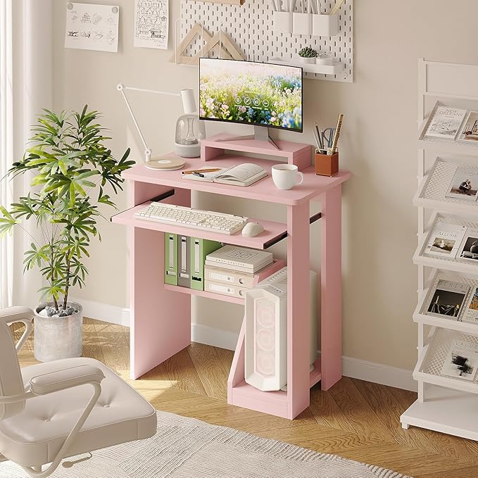 ALISENED 30" Small Computer Desk with Keyboard Tray Monitor Stand, Study Writing Desk with Storage Shelves, Modern Workstation for Small Spaces, Save Space, Pink