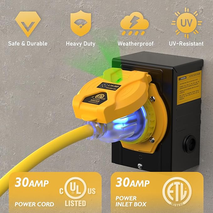 TOOLIOM 30 Amp Generator Cord 40FT and 30 Amp Inlet Box, NEMA L14-30P/L14-30R, 125/250V 7500W 10 AWG SJTW Power Cord, Pre-Drilled Inlet Box, UL&ETL Listed