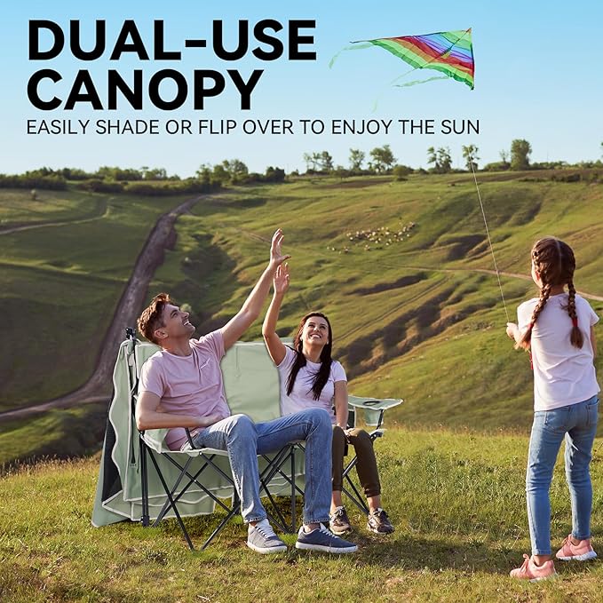 Double Camping Chair with Shade Canopy 2 Person Folding Chair with Canopy Portable Beach Chair Heavy Duty Camping Chair with Two Cup Holders and Side Pocket for Outside Camping,Beach,Sports