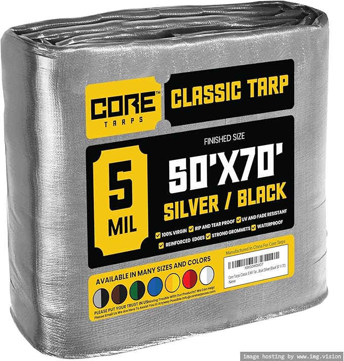 Core Tarps Classic 5 Mil Tarp Cover, Waterproof, UV Resistant, Rip and Tear Proof, Poly Tarpaulin with Reinforced Edges for Roof, Camping, Patio, Pool Cover, Boat (Silver/Black 50′ X 70′)
