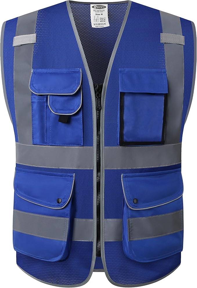JKSafety 9 Pockets High Visibility Safety Vest for Men and Women, Hi-Vis Reflective Blue Safety Vests with Zipper Front, Meet ANSI/ISEA Standards (159-Blue XXL)