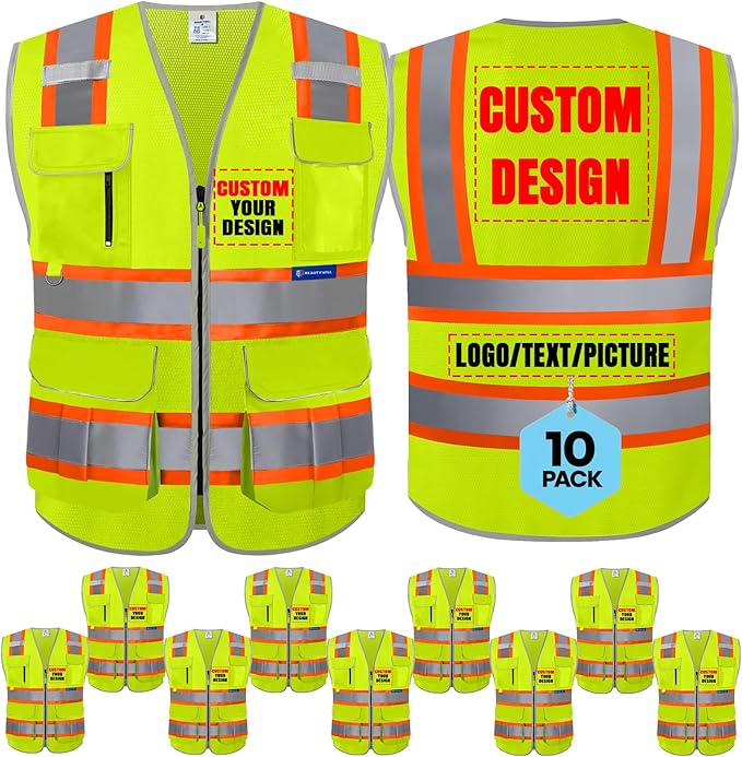 BeautyWill 10 Pack Custom Logo Safety Vest ANSI Class 2 High Visibility Reflective Vest Personalized Construction Vest Bulk
