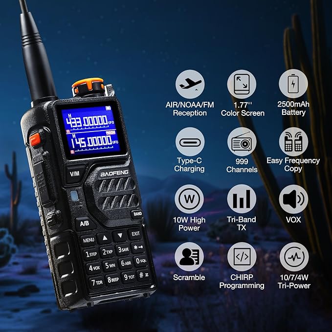 BAOFENG K5PLUS 10W Tri-Band Ham Radio Handheld, Long Range Walkie Talkies UHF VHF 1.25M Two Way Radio with FM Airband NOAA, 2500mAh Battery + USB-C Port, Speaker Mic, 999CH, Scramble, 2Packs
