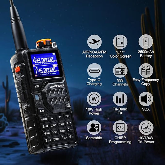 BAOFENG K5PLUS 10W Tri-Band Ham Radio Handheld, Long Range Walkie Talkies UHF VHF 1.25M Two Way Radio with FM Airband NOAA, 2500mAh Battery + USB-C Port, Speaker Mic, 999CH, Scramble, 2Packs