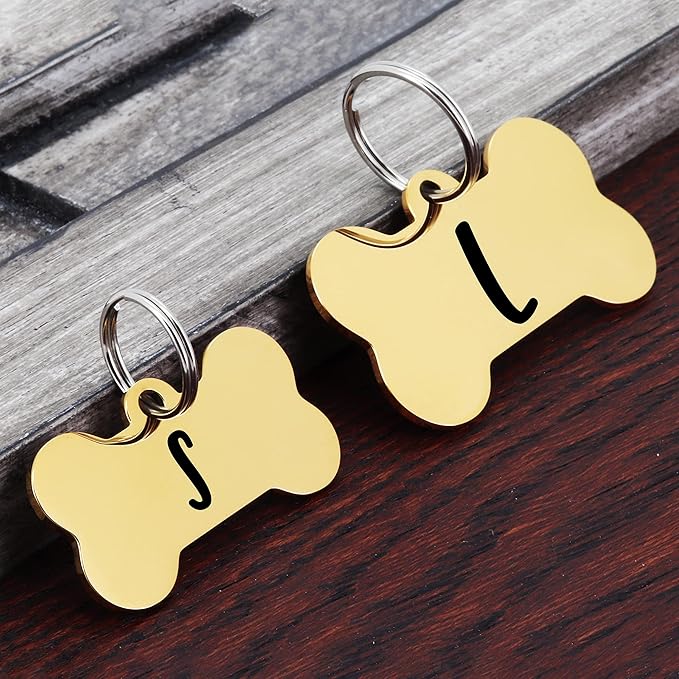 Ultra Joys Personalized Dog Tags for Pets - Durable Stainless Steel Customizable Dog Cat ID Tags - Dog Tags for Safety Optional Engraved on Both Sides -Bone Shape Dog Tag Large Size, Gold