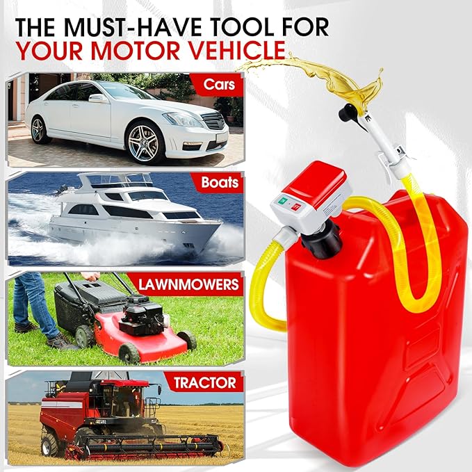Fuel Transfer Pump with Auto-Stop Sensor-3.2GPM,Overfill Protection, 30s Alert Beep,51"Hose Transfer Pump Battery Powered with 4 Tank Adapter,Portable Liquid Pump with Nozzle for Gasoline,Diesel,Oil