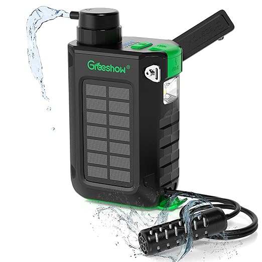 Greeshow Electric Portable Water Filter Camping - Solar Powered, Hand Crank, USB Charging, Water Purifier Survival with Emergency Light for Hiking Backpacking Travel Outdoor, Phone Charger, GS-2811