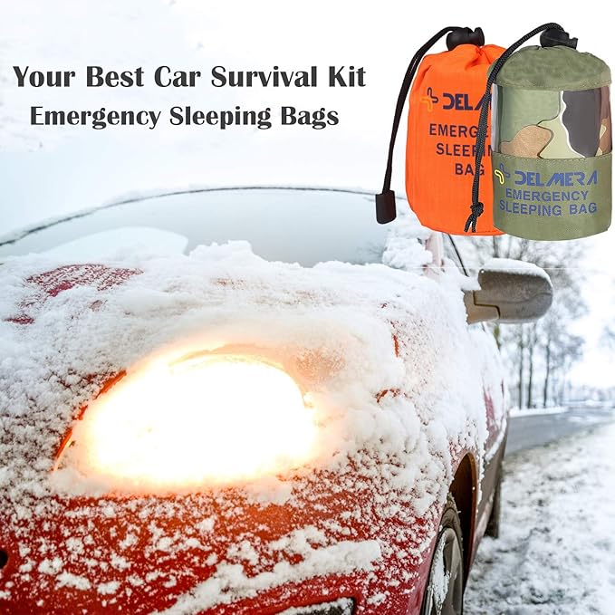 Delmera Emergency Sleeping Bag, Lightweight Survival Sleeping Bags Waterproof Thermal Emergency Blanket, Bivy Sack Survival Gear for Outdoor Adventure, Camping, Hiking, Orange, Green