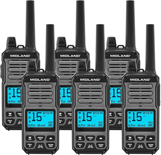 Midland GXT67 PRO 5W GMRS Radio - Two-Way Midland Walkie Talkie - Repeater Capable, IP67 Waterproof, Active Noise Canceling, Hands-Free Operation, 99 Channels, 16-Hour Battery - 6 Pack
