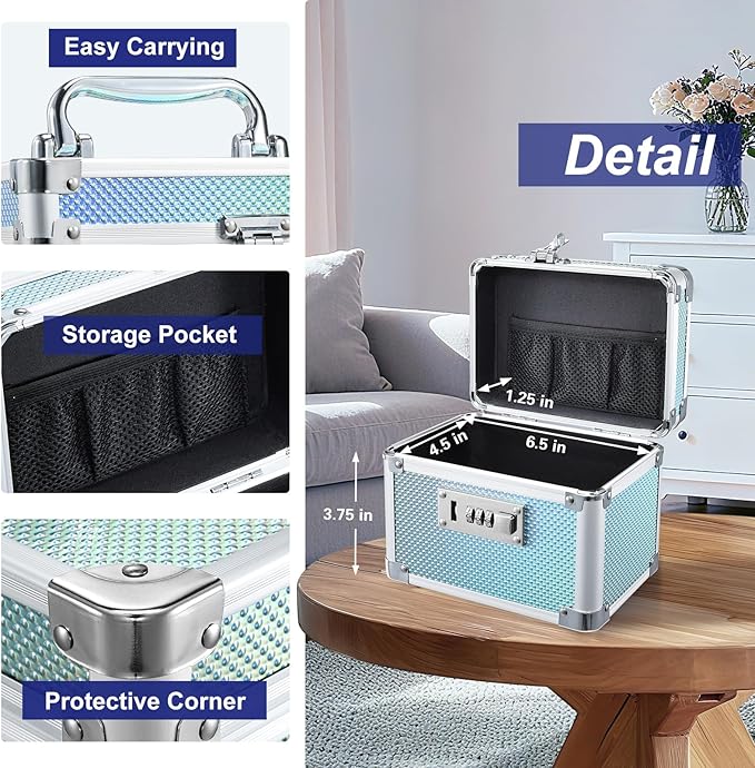 Adazzo Lockable Medicine Storage Box - Shiny Turquoise Cabinet Med Lock Organizer, 7 * 5.25 * 5.75 Inches Safe Case with Combination Lock for Home, Dorm, Office, or Travel - Mini Size