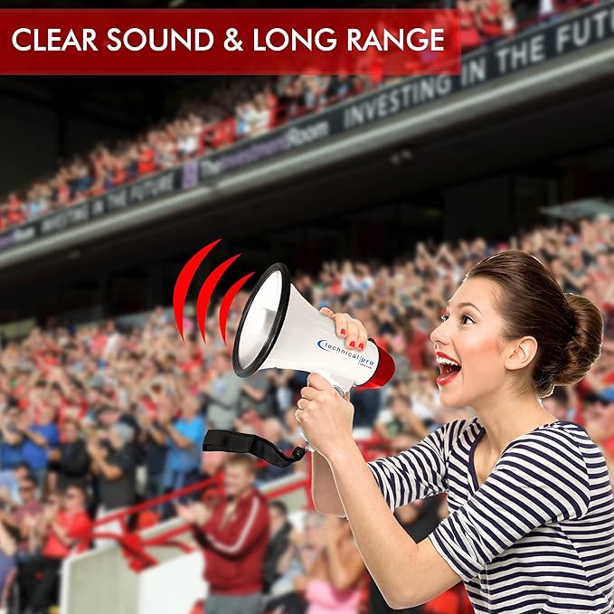 Technical Pro 25 Watts Lightweight 600M Range Portable Megaphone Bullhorn with Strap, Siren, and Volume Control, Good for Trainers, Soccer, Coaches and Cheer Leading